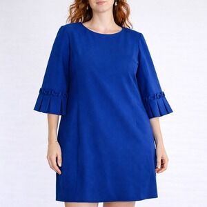Tahari Arthur S Levine Royal Blue Pleated Bell Sleeve Shift Dress Size 14 NWT